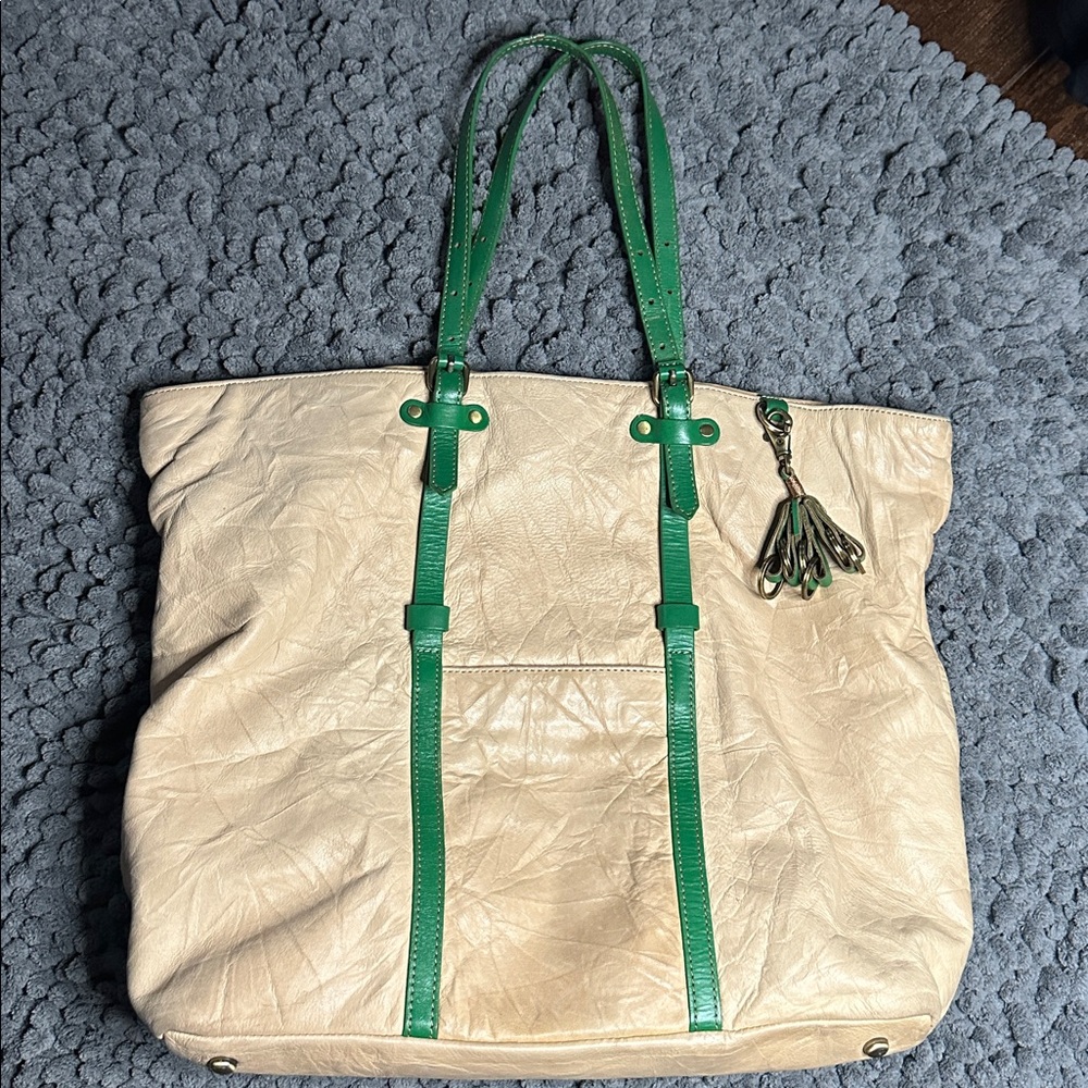 Pilcro by Anthropologie Elegant Cream and Green Glove leather  Tote Bag